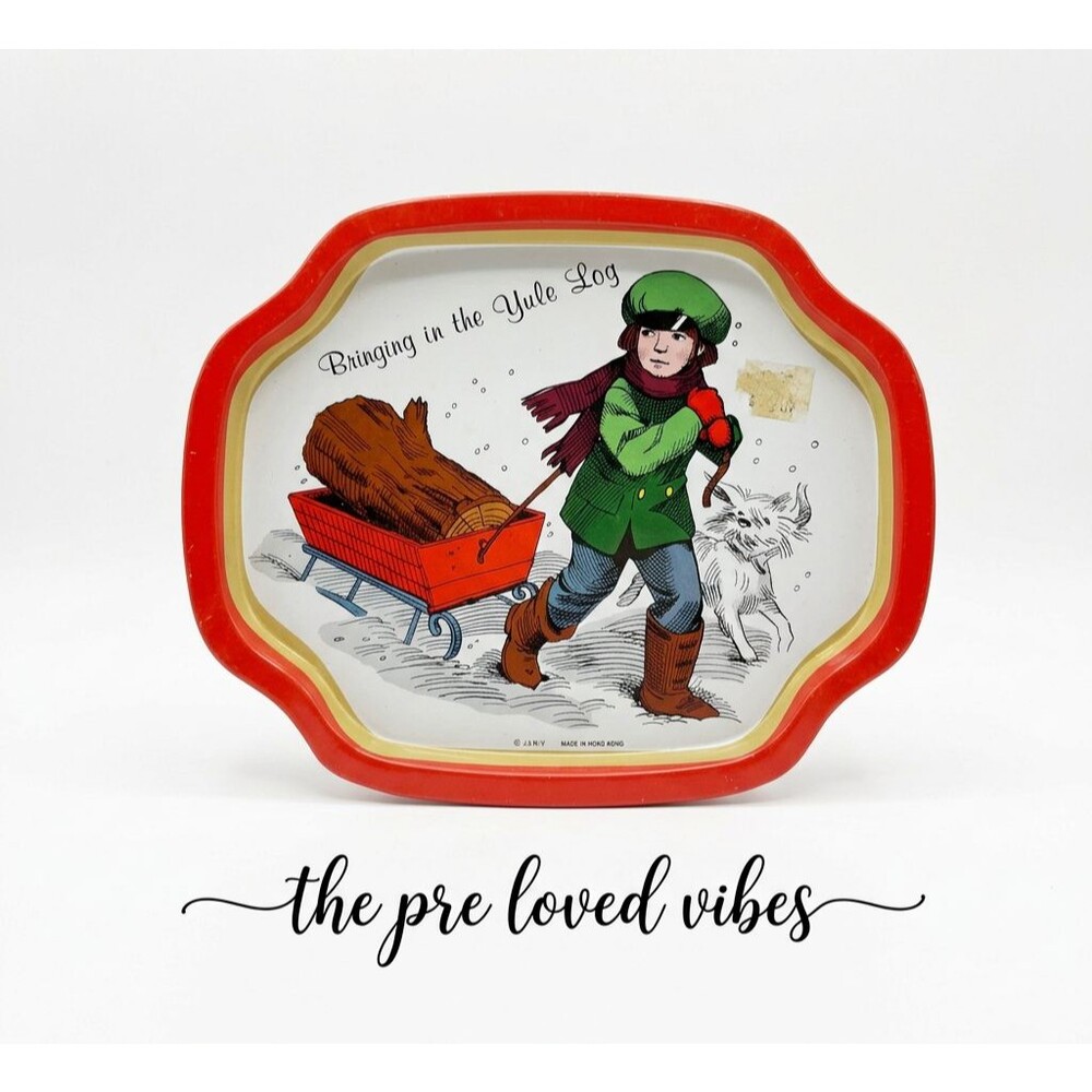 Christmas Tin Tray ''Bringing in the Yule Log'' Made In Hong Kong